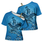 Aboriginal Ocean Dugong Cross Shoulder Shirt Dot Art Dreamtime Tree of Life