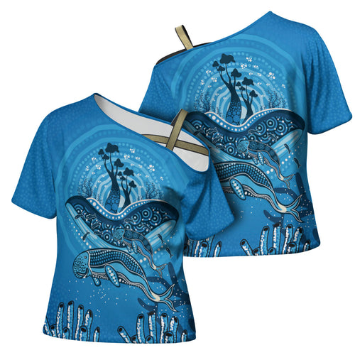 Aboriginal Ocean Dugong Cross Shoulder Shirt Dot Art Dreamtime Tree of Life
