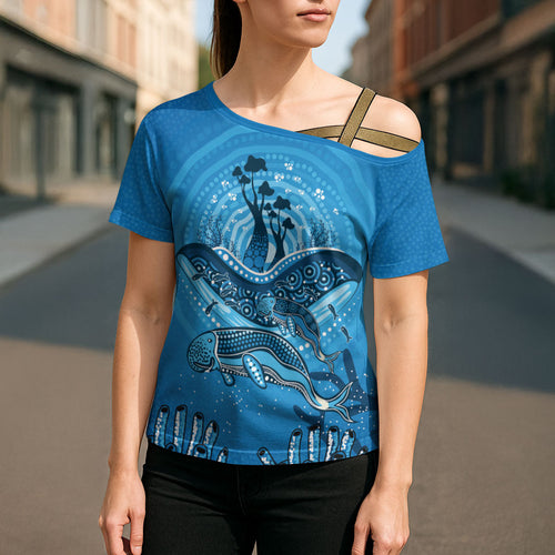 Aboriginal Ocean Dugong Cross Shoulder Shirt Dot Art Dreamtime Tree of Life