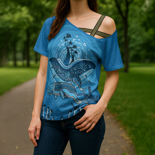 Aboriginal Ocean Dugong Cross Shoulder Shirt Dot Art Dreamtime Tree of Life