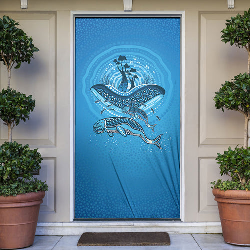 Aboriginal Ocean Dugong Door Cover Dot Art Dreamtime Tree of Life