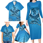 Aboriginal Ocean Dugong Family Matching Long Sleeve Bodycon Dress and Hawaiian Shirt Dot Art Dreamtime Tree of Life