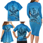 Aboriginal Ocean Dugong Family Matching Long Sleeve Bodycon Dress and Hawaiian Shirt Dot Art Dreamtime Tree of Life