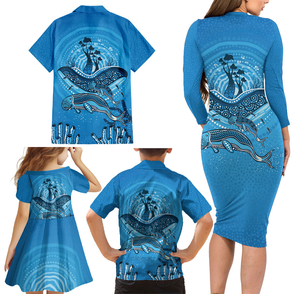 Aboriginal Ocean Dugong Family Matching Long Sleeve Bodycon Dress and Hawaiian Shirt Dot Art Dreamtime Tree of Life