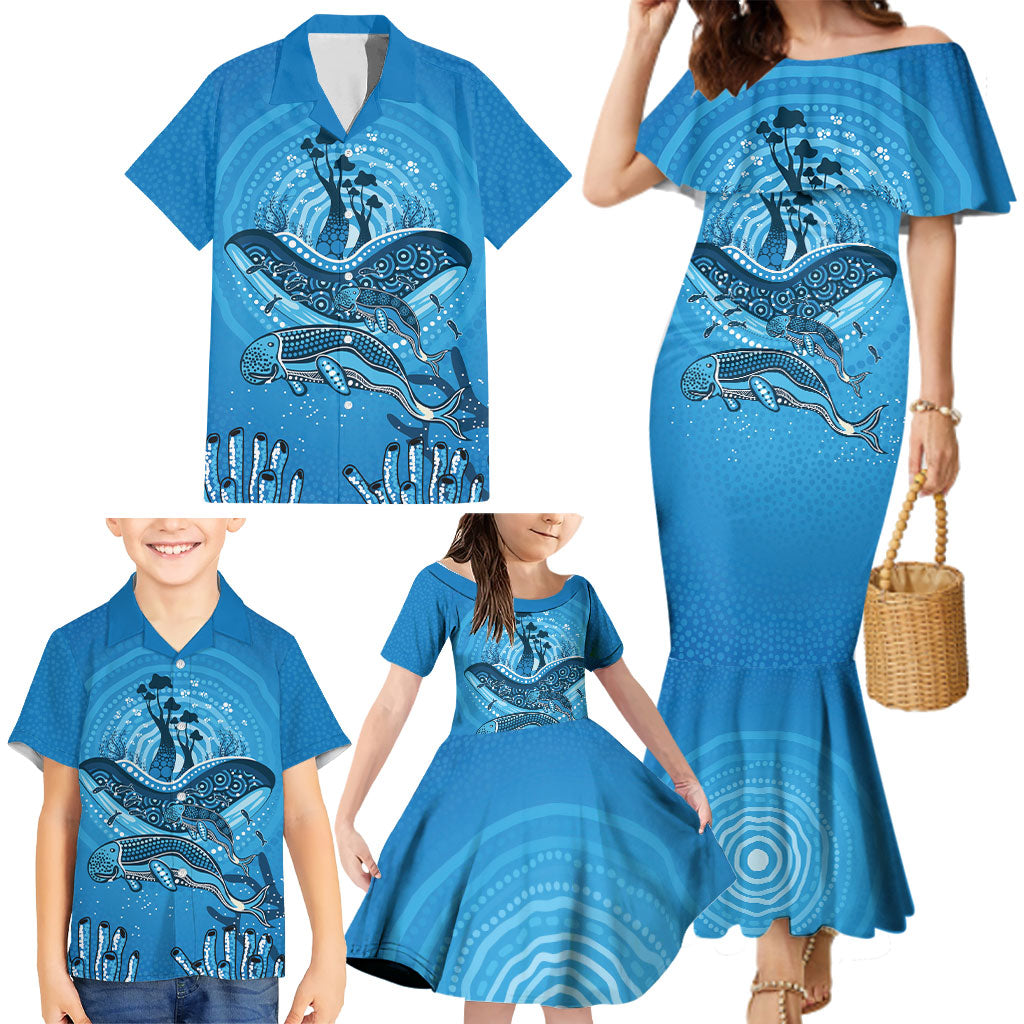 Aboriginal Ocean Dugong Family Matching Mermaid Dress and Hawaiian Shirt Dot Art Dreamtime Tree of Life