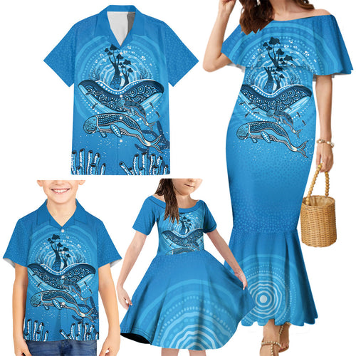 Aboriginal Ocean Dugong Family Matching Mermaid Dress and Hawaiian Shirt Dot Art Dreamtime Tree of Life