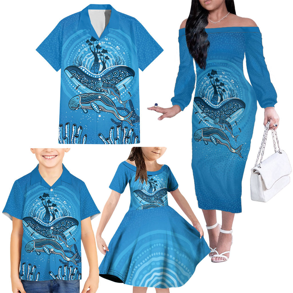 Aboriginal Ocean Dugong Family Matching Off The Shoulder Long Sleeve Dress and Hawaiian Shirt Dot Art Dreamtime Tree of Life