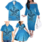 Aboriginal Ocean Dugong Family Matching Off The Shoulder Long Sleeve Dress and Hawaiian Shirt Dot Art Dreamtime Tree of Life