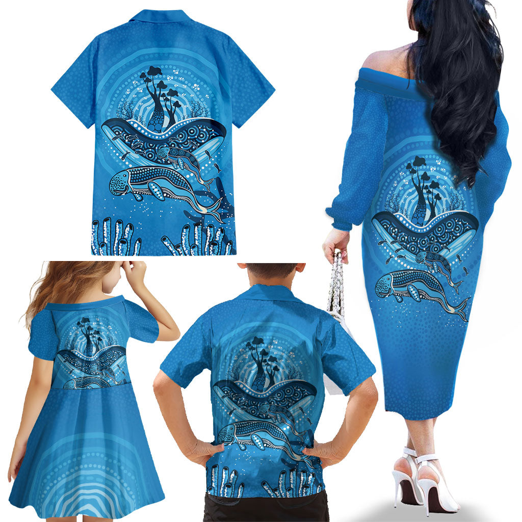 Aboriginal Ocean Dugong Family Matching Off The Shoulder Long Sleeve Dress and Hawaiian Shirt Dot Art Dreamtime Tree of Life