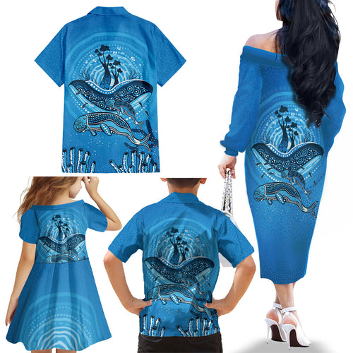 Aboriginal Ocean Dugong Family Matching Off The Shoulder Long Sleeve Dress and Hawaiian Shirt Dot Art Dreamtime Tree of Life