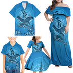 Aboriginal Ocean Dugong Family Matching Off Shoulder Maxi Dress and Hawaiian Shirt Dot Art Dreamtime Tree of Life