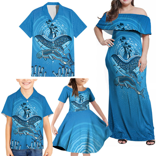 Aboriginal Ocean Dugong Family Matching Off Shoulder Maxi Dress and Hawaiian Shirt Dot Art Dreamtime Tree of Life