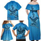 Aboriginal Ocean Dugong Family Matching Off Shoulder Maxi Dress and Hawaiian Shirt Dot Art Dreamtime Tree of Life