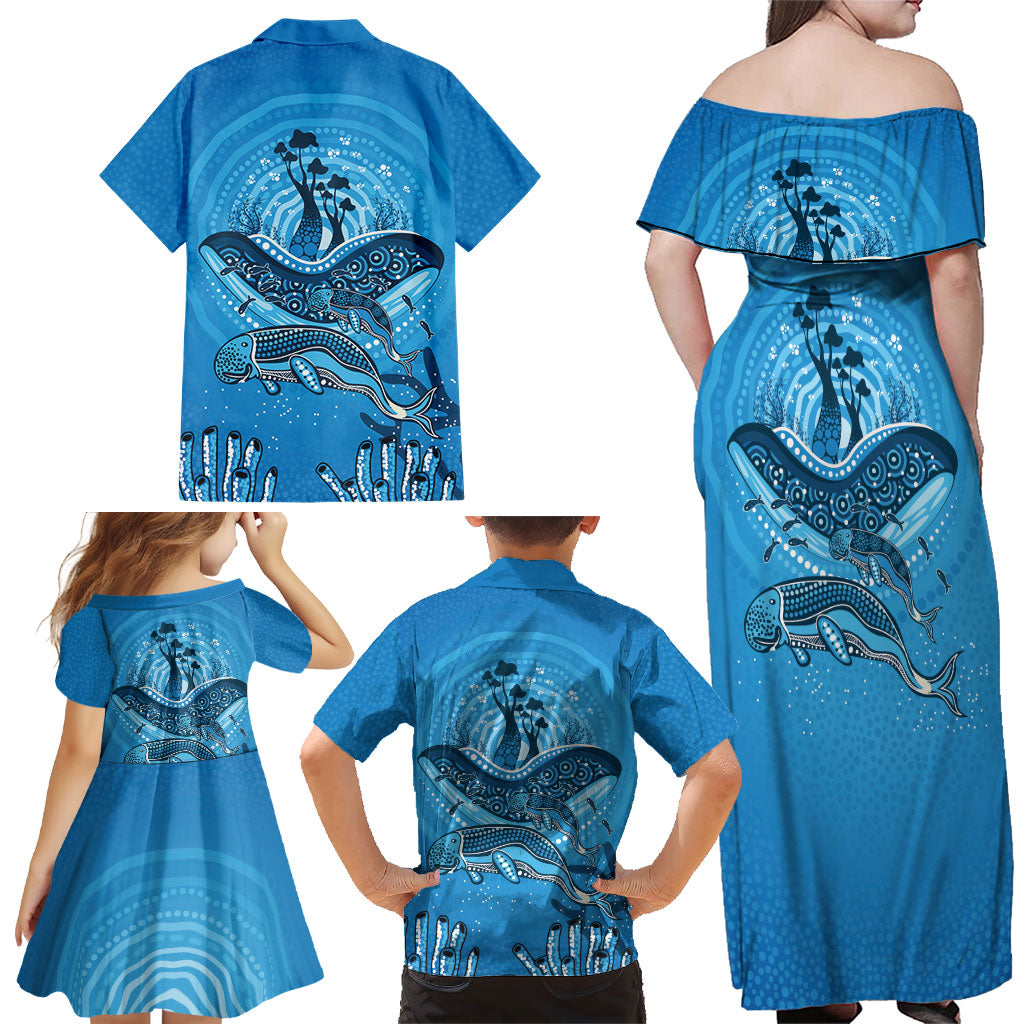 Aboriginal Ocean Dugong Family Matching Off Shoulder Maxi Dress and Hawaiian Shirt Dot Art Dreamtime Tree of Life