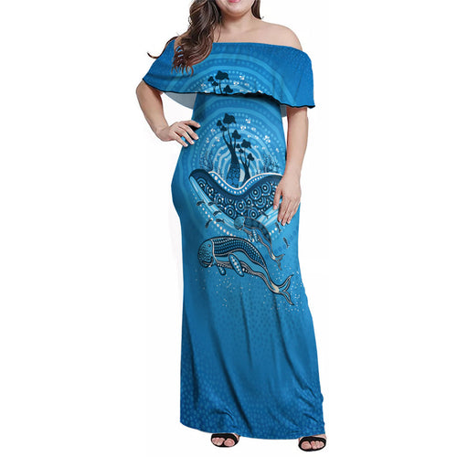 Aboriginal Ocean Dugong Family Matching Off Shoulder Maxi Dress and Hawaiian Shirt Dot Art Dreamtime Tree of Life