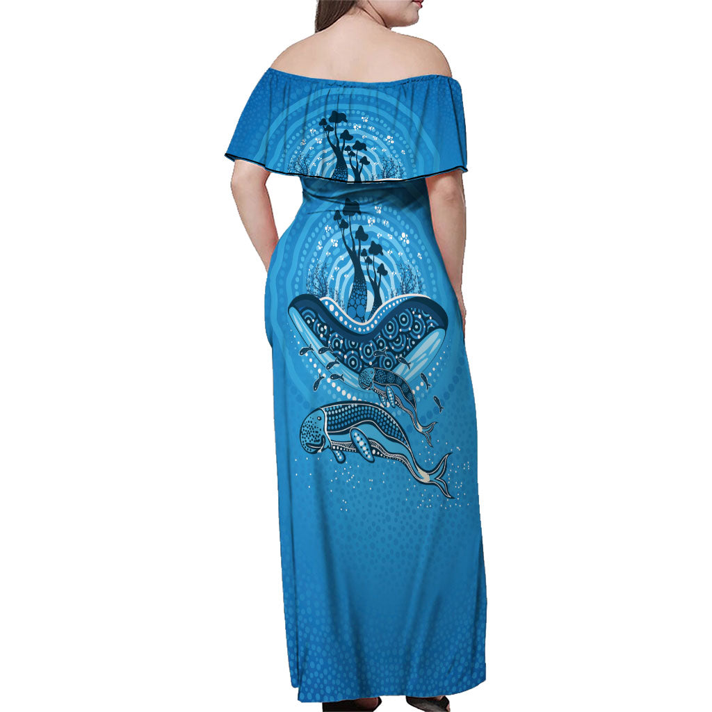 Aboriginal Ocean Dugong Family Matching Off Shoulder Maxi Dress and Hawaiian Shirt Dot Art Dreamtime Tree of Life