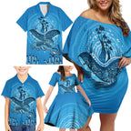 Aboriginal Ocean Dugong Family Matching Off Shoulder Short Dress and Hawaiian Shirt Dot Art Dreamtime Tree of Life