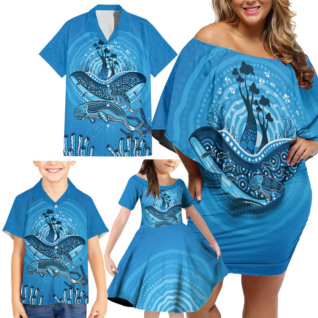 Aboriginal Ocean Dugong Family Matching Off Shoulder Short Dress and Hawaiian Shirt Dot Art Dreamtime Tree of Life