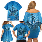 Aboriginal Ocean Dugong Family Matching Off Shoulder Short Dress and Hawaiian Shirt Dot Art Dreamtime Tree of Life