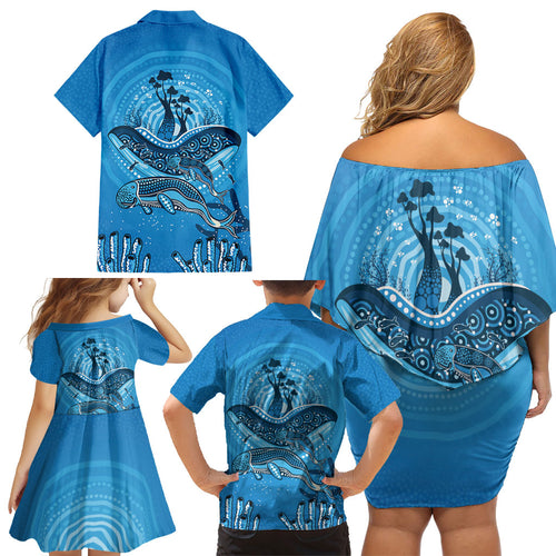 Aboriginal Ocean Dugong Family Matching Off Shoulder Short Dress and Hawaiian Shirt Dot Art Dreamtime Tree of Life