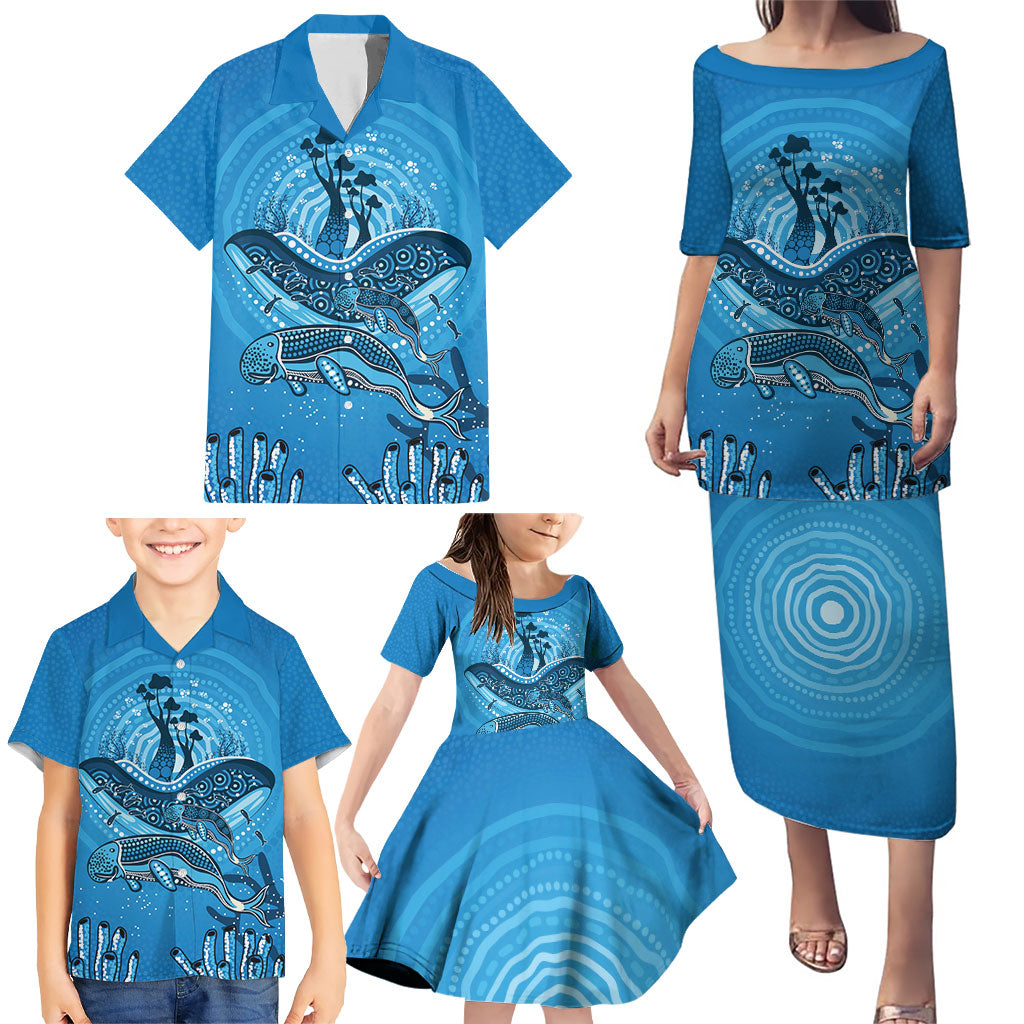 Aboriginal Ocean Dugong Family Matching Puletasi and Hawaiian Shirt Dot Art Dreamtime Tree of Life