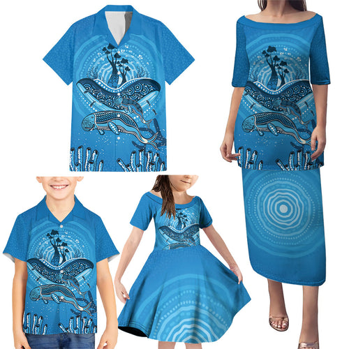 Aboriginal Ocean Dugong Family Matching Puletasi and Hawaiian Shirt Dot Art Dreamtime Tree of Life