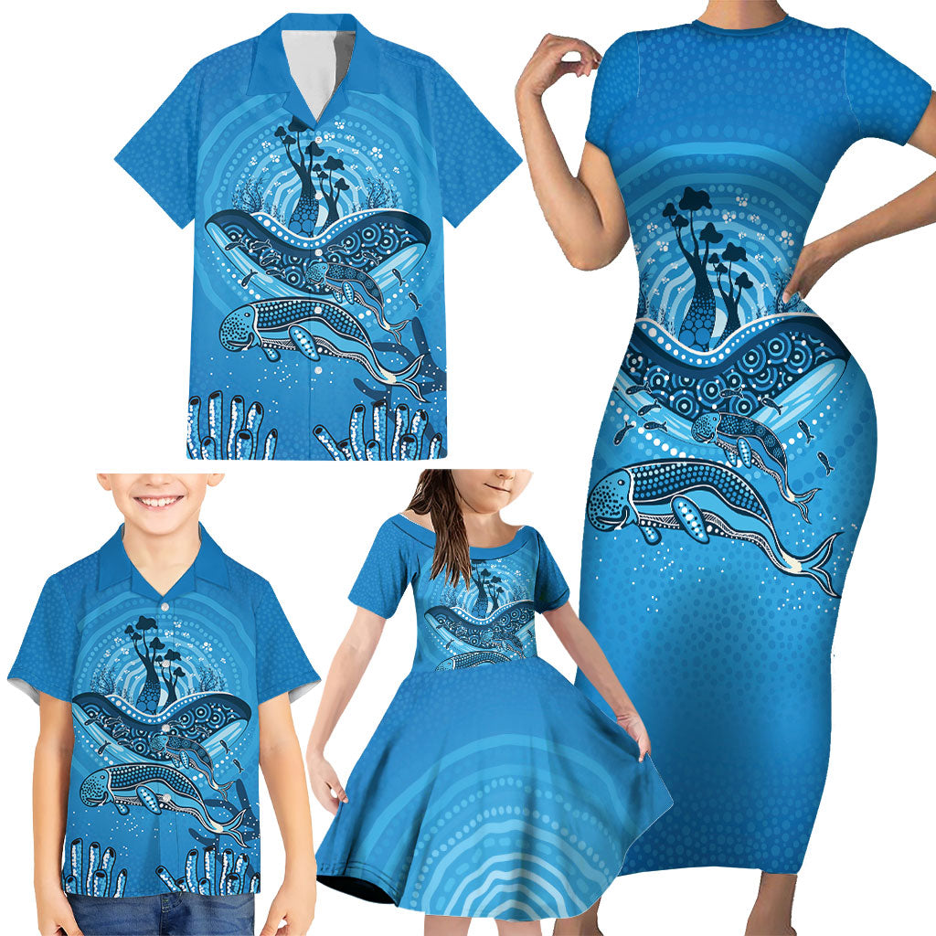 Aboriginal Ocean Dugong Family Matching Short Sleeve Bodycon Dress and Hawaiian Shirt Dot Art Dreamtime Tree of Life