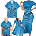 Aboriginal Ocean Dugong Family Matching Short Sleeve Bodycon Dress and Hawaiian Shirt Dot Art Dreamtime Tree of Life