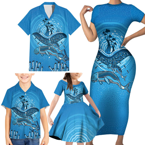 Aboriginal Ocean Dugong Family Matching Short Sleeve Bodycon Dress and Hawaiian Shirt Dot Art Dreamtime Tree of Life