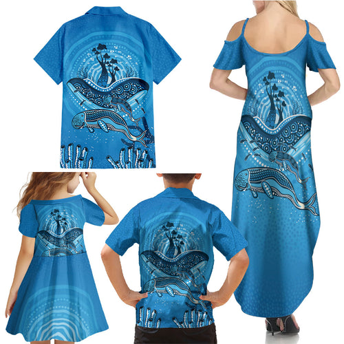 Aboriginal Ocean Dugong Family Matching Summer Maxi Dress and Hawaiian Shirt Dot Art Dreamtime Tree of Life