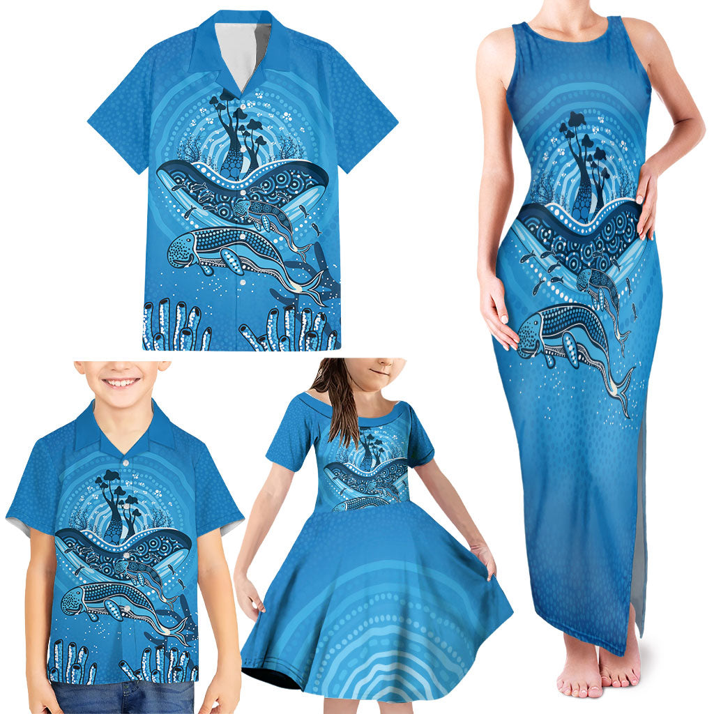 Aboriginal Ocean Dugong Family Matching Tank Maxi Dress and Hawaiian Shirt Dot Art Dreamtime Tree of Life