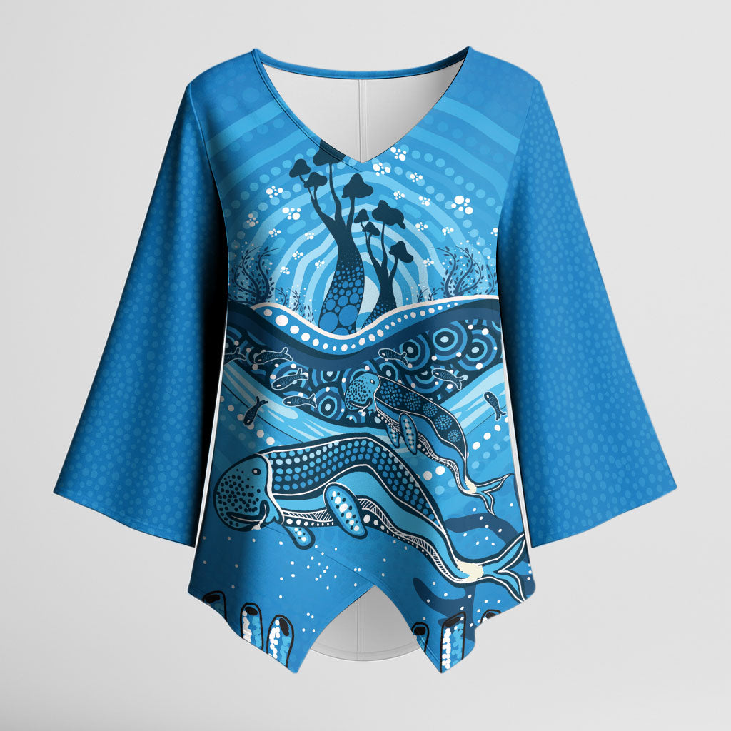 Aboriginal Ocean Dugong Kimono Sleeve Blouse Dot Art Dreamtime Tree of Life