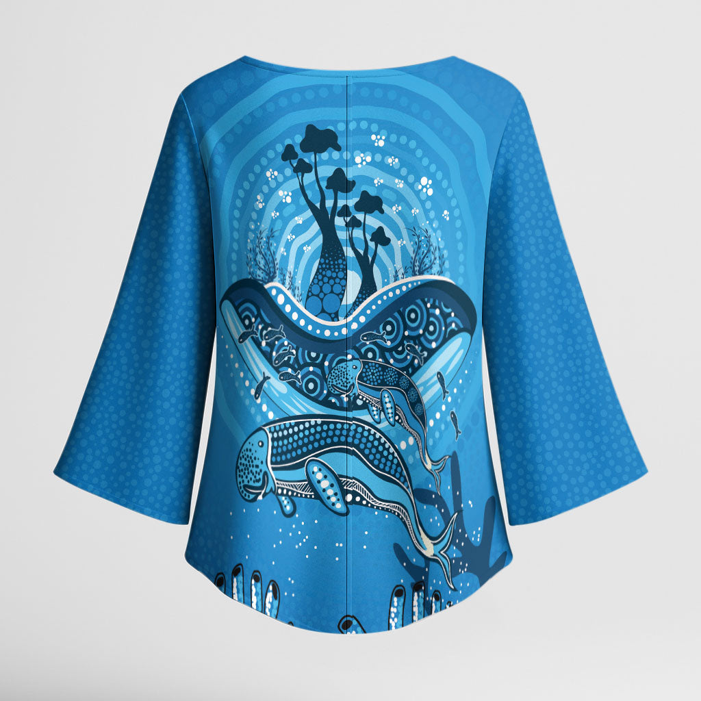Aboriginal Ocean Dugong Kimono Sleeve Blouse Dot Art Dreamtime Tree of Life
