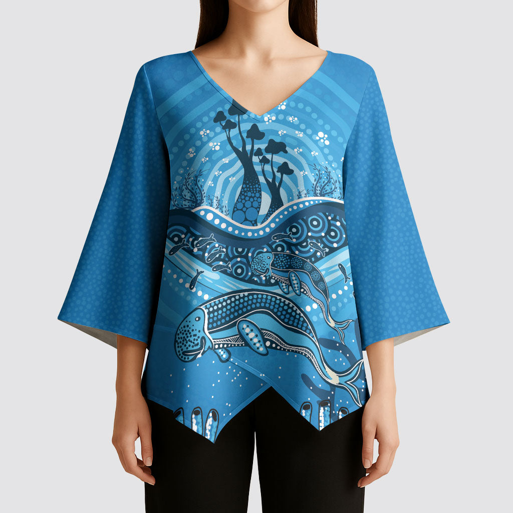 Aboriginal Ocean Dugong Kimono Sleeve Blouse Dot Art Dreamtime Tree of Life