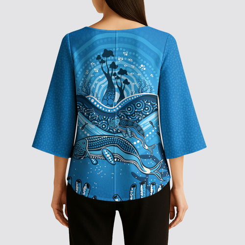 Aboriginal Ocean Dugong Kimono Sleeve Blouse Dot Art Dreamtime Tree of Life