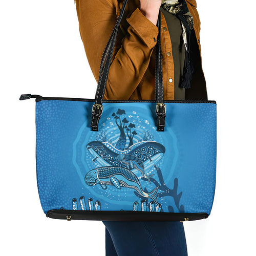 Aboriginal Ocean Dugong Leather Tote Bag Dot Art Dreamtime Tree of Life