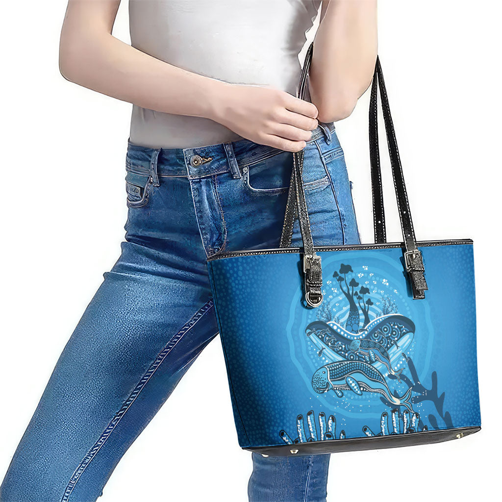 Aboriginal Ocean Dugong Leather Tote Bag Dot Art Dreamtime Tree of Life