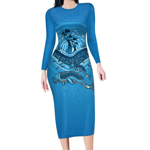Aboriginal Ocean Dugong Long Sleeve Bodycon Dress Dot Art Dreamtime Tree of Life