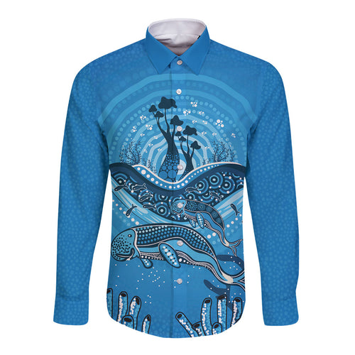 Aboriginal Ocean Dugong Long Sleeve Button Shirt Dot Art Dreamtime Tree of Life