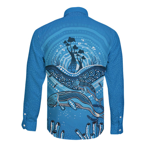 Aboriginal Ocean Dugong Long Sleeve Button Shirt Dot Art Dreamtime Tree of Life