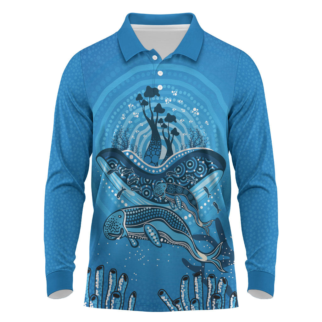 Aboriginal Ocean Dugong Long Sleeve Polo Shirt Dot Art Dreamtime Tree of Life