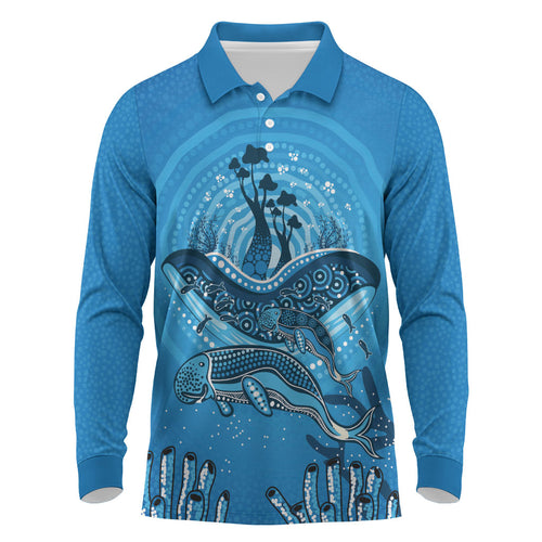 Aboriginal Ocean Dugong Long Sleeve Polo Shirt Dot Art Dreamtime Tree of Life