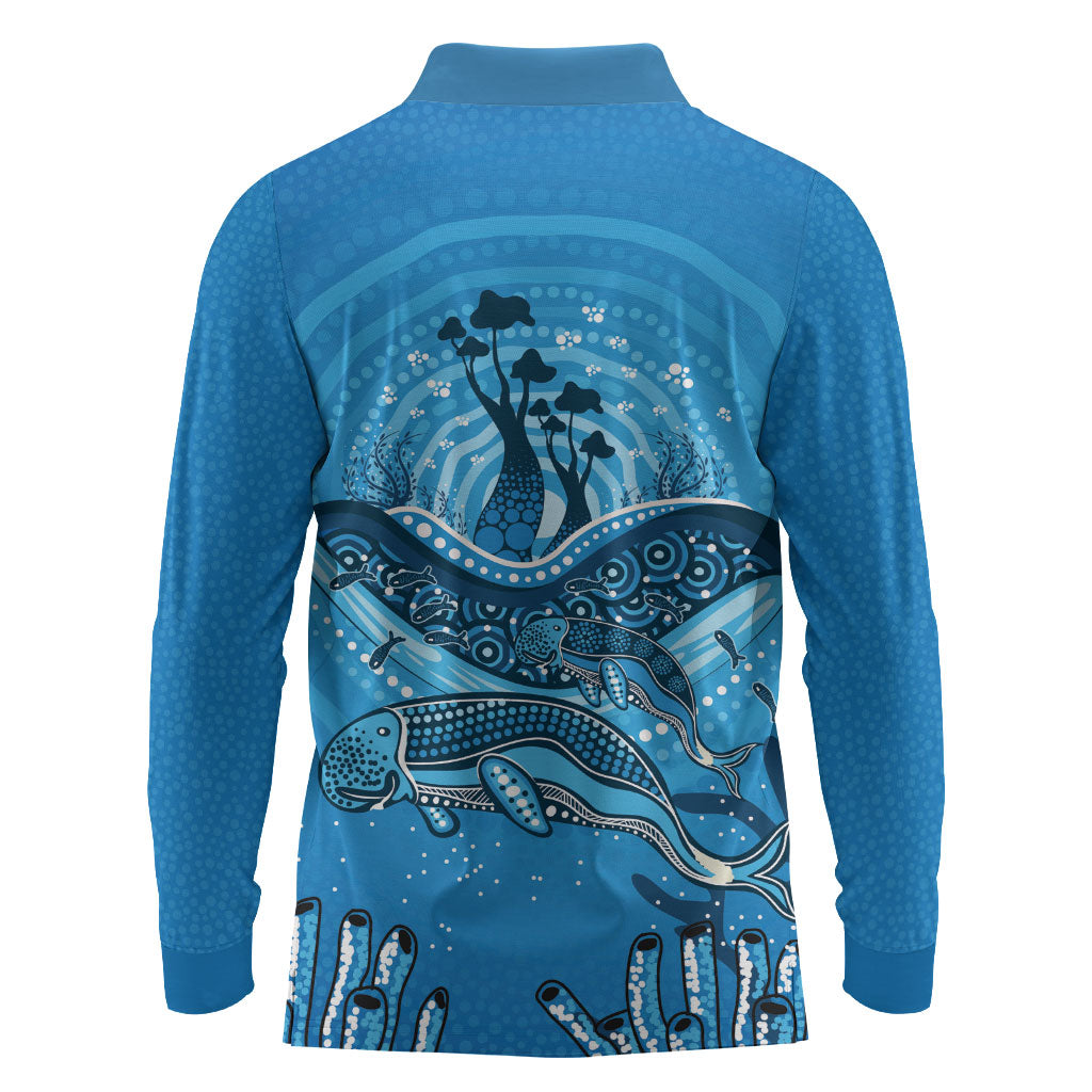 Aboriginal Ocean Dugong Long Sleeve Polo Shirt Dot Art Dreamtime Tree of Life