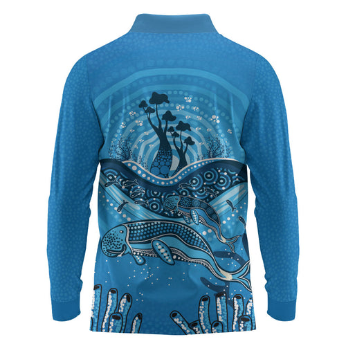Aboriginal Ocean Dugong Long Sleeve Polo Shirt Dot Art Dreamtime Tree of Life