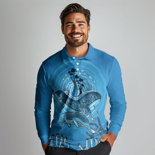 Aboriginal Ocean Dugong Long Sleeve Polo Shirt Dot Art Dreamtime Tree of Life