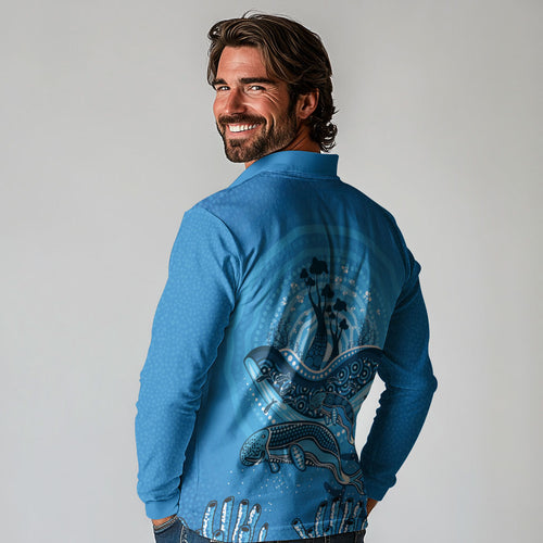 Aboriginal Ocean Dugong Long Sleeve Polo Shirt Dot Art Dreamtime Tree of Life