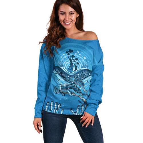 Aboriginal Ocean Dugong Off Shoulder Sweater Dot Art Dreamtime Tree of Life