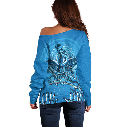 Aboriginal Ocean Dugong Off Shoulder Sweater Dot Art Dreamtime Tree of Life