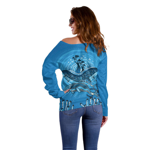 Aboriginal Ocean Dugong Off Shoulder Sweater Dot Art Dreamtime Tree of Life