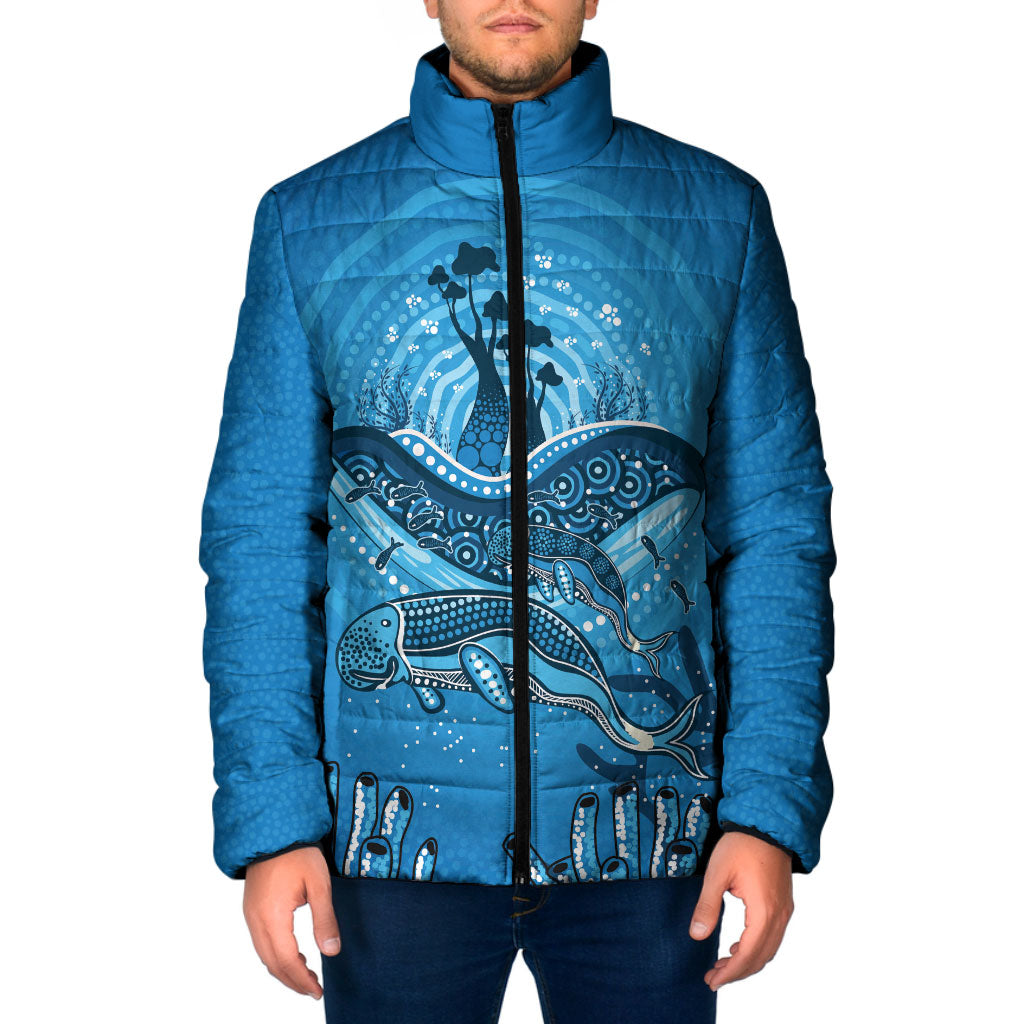 Aboriginal Ocean Dugong Padded Jacket Dot Art Dreamtime Tree of Life